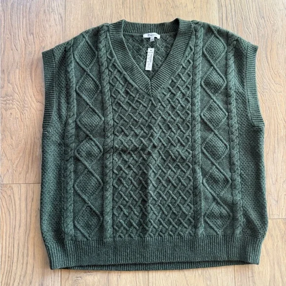 NWT MADEWELL Cable Knit Wool Blend V-Neck Sweater Vest Women’s Size Large Green - Picture 2 of 7
